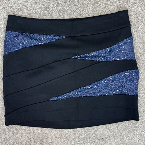 Express Knit Sequin Panel Mini Skirt Blue Black Size 4 - Picture 4 of 11